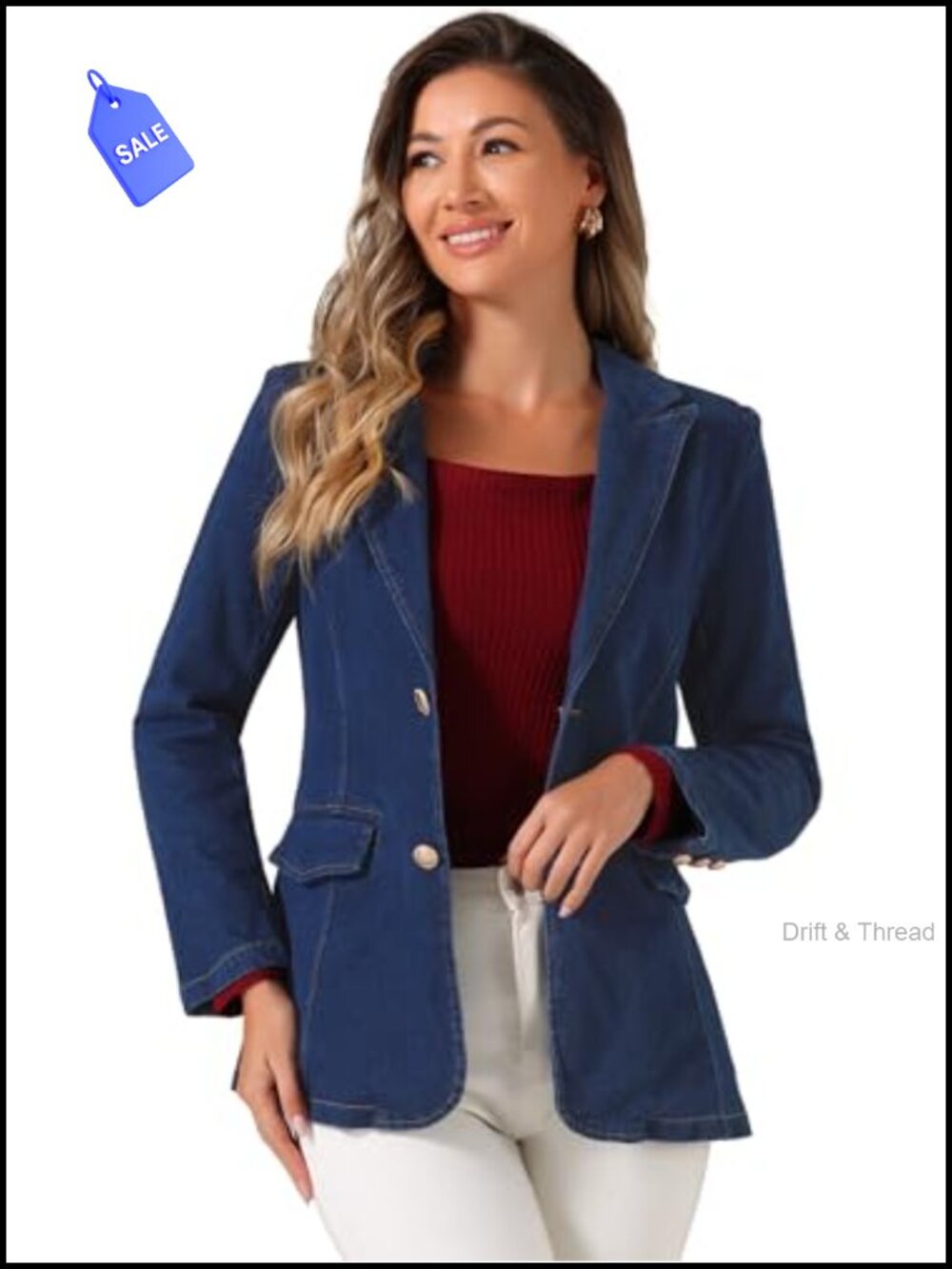Notched Lapel Denim Blazer Single Breasted Button Business Casual